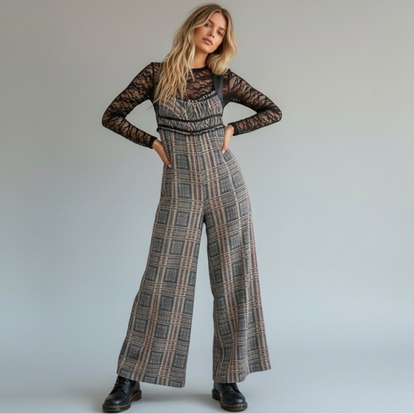 Free People Wide Leg Marley Plaid One Piece Jumpsuit Size Medium NWT Grunge 90s